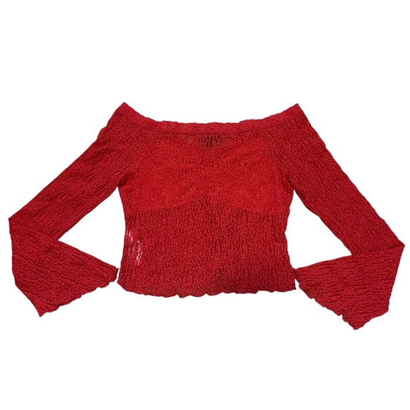 Red Lace Off Shoulder Flare Sleeve Top Y2K Whimsigoth Large orange Fairycore - Picture 2 of 7